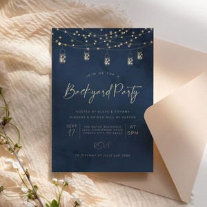 Backyard Party Invitation Evite Template, Dinner Party Invite, Blue and Gold String Lights Invitation, Instant Download image 1
