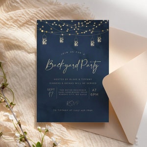 Backyard Party Invitation Evite Template, Dinner Party Invite, Blue and Gold String Lights Invitation, Instant Download