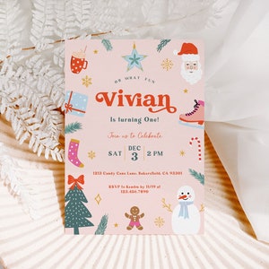 Oh What Fun Christmas Birthday Invitation Template, Winter First Birthday Invite, Vintage Christmas Invite, Editable Printable, Lillie