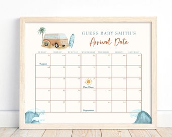 May include: A printable baby shower game with a calendar for guests to guess the baby's arrival date. The calendar is decorated with a cartoon van, palm tree, and waves. The text reads "Guess Baby Smith's Arrival Date".