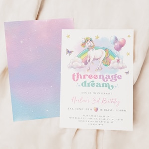 Modello di invito da sogno di Threenage, invito per il 3° compleanno di unicorno, unicorno arcobaleno, invito a una festa di unicorno, pastello, invito mobile
