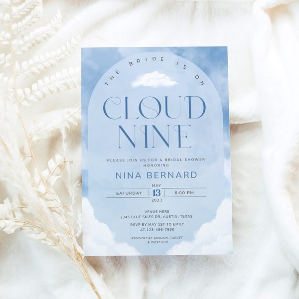 Bride On Cloud Nine Shower Invitation Template, Blue Cloud Invite, Bride on Cloud 9, Bridal Shower Evite, Electronic Template