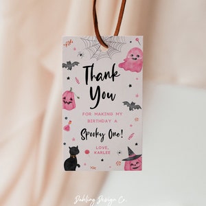 Spooky One Favor Tag Template: Pink Halloween Birthday (Digital Download)