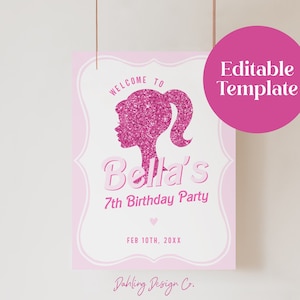Plantilla de signo de bienvenida de cumpleaños de muñeca rosa, cartel de bienvenida de muñeca rosa fuerte, signo de bienvenida rosa brillante, cartel imprimible, Blair
