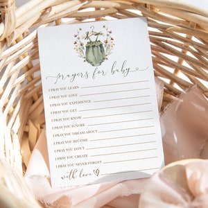 Plantilla de oración para bebé con ropa de bebé estilo boho, tarjeta de oración para baby shower, deseos para bebé imprimibles, baby shower verde salvia, serenidad
