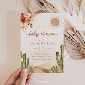Modello di invito per baby shower Boho Cactus, invito per baby shower nel deserto, baby shower Fiesta, baby shower gender-neutral, invito per baby shower, Lucia