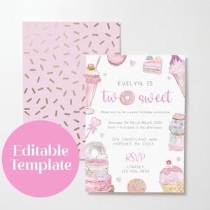 Two Sweet Birthday Invitation Template, Dessert Birthday Party Invite, 2nd Birthday Invitation, Editable Template, Veruca