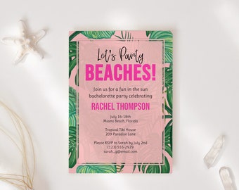 Tropical Bachelorette Party Invitation, Pink Palm Leaves (Editable Template)