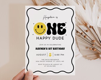 One Happy Dude Birthday Invitation Template, Smiley Face Invite, Retro 1st Birthday, Wavy Invitation, Boy Birthday, Digital Invite, JOE