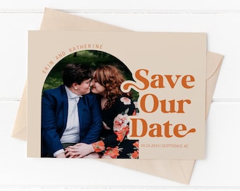 Bearbeitbare Retro-Save-the-Date-Vorlage, 7x5-Karte, Hochzeitseinladung, Bogenfoto