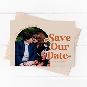 Retro Save the Date Editable Template, 7x5 Card, Wedding Invitation, Arch Photo