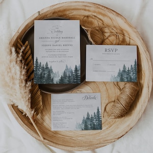 Modèle de suite de faire-part de mariage forêt, faire-part de mariage Hygge, faire-part de mariage à feuilles persistantes, faire-part de fuite, mariage PNW