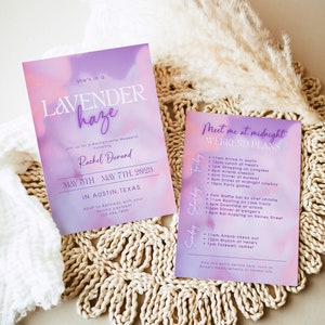 Plantilla de invitación e itinerario para despedida de soltera en tonos Lavender Haze, invitación morada y rosa, itinerario de fin de semana imprimible