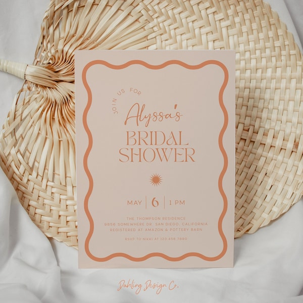 Wavy Peach Bridal Shower Invitation Template, Wavy Bridal Shower Invite, Bright Summer Minimal Bridal Shower, Orange Coral, SAHARA