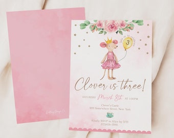 Maileg Mouse Inspired Birthday Invitation Template, Princess Mouse Birthday Invite, Mice Birthday Invitation, Editable Template