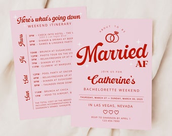 Retro Married AF Bachelorette Invitation and Itinerary Template, Funny Bachelorette Invite, Editable Itinerary, Instant Download