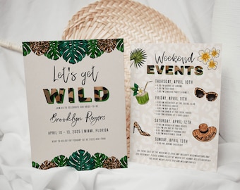 May include: Two invitations for a weekend event with a jungle theme. The first invitation is for a bridal shower with the text "Let's get WILD" and the bride-to-be's name, Brooklyn Rogers. The second invitation lists the weekend events, including a taco bar, lingerie party, brunch, and spa day.