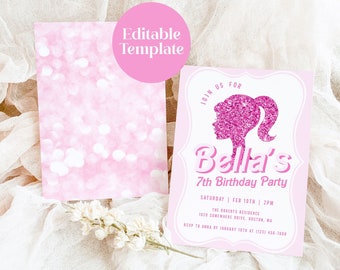 Rosa Puppe Geburtstagseinladung Vorlage für Mädchen Geburtstagsfeier, Hot Pink Puppe Geburtstag einladen, Glitzer Rosa Einladung, Bearbeitbar, Blair