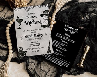 Witch Bachelorette Party Invitation and Itinerary Template, Halloween Bach Party, Drink up Witches, EDITABLE