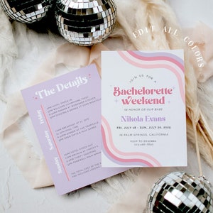 70s Retro Bachelorette Invitation and Itinerary Template, Hens Party Itineray, Bachelorette Weekend Itinerary Evite, MARCIA