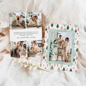 Pastelkleurige kerstkaartsjabloon, mint en roze kerstkaart, boomvakantiekaart, fotokerstkaart, aanpasbare kerstkaart