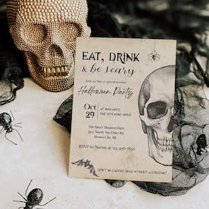 Modèle d'invitation à une fête d'Halloween pour adultes, invitation à manger un verre et faire peur, invitation de tête de mort vintage, invitation à une soirée costumée, Evite modifiable
