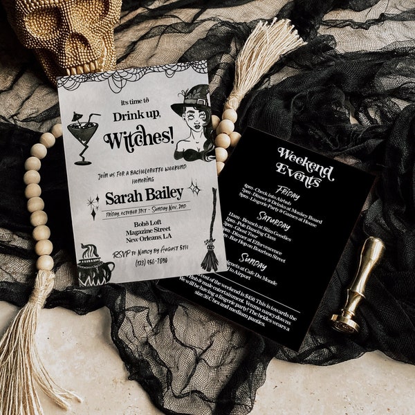 Witch Bachelorette Party Invitation and Itinerary Template, Halloween Bach Party, Drink up Witches, EDITABLE