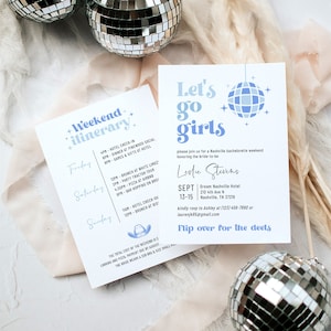 Blue Disco Bachelorette Invitation and Itinerary Template, Lets Go Girls Invite, Space Cowgirl Bachelorette, Hens Weekend, Editable
