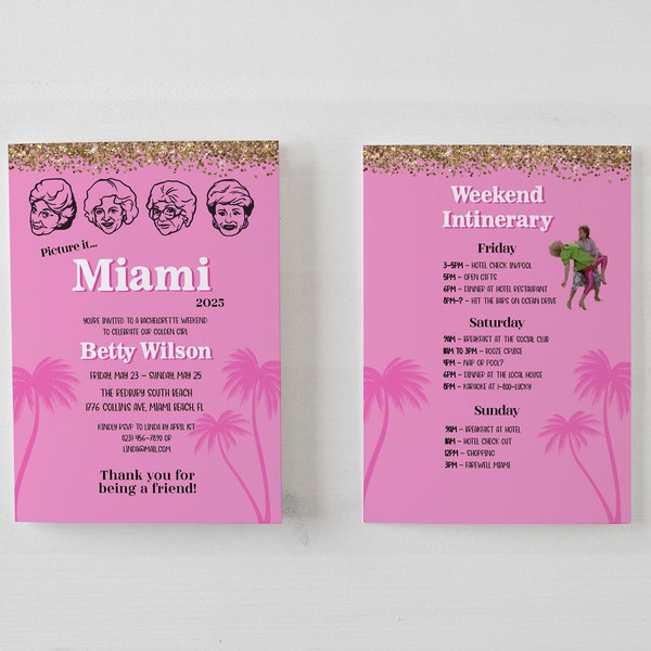 Golden Girls Bachelorette Party Invitation and Itinerary Template, Double Sided, 5x7 Card, Editable