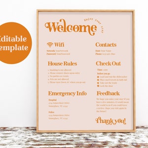 Boho Airbnb Welcome Sign Template, wynajem wakacyjny do druku, plakat przyjazdu gości, zasady domu, arkusz informacyjny o Wi-Fi, VRBO, edytowalny