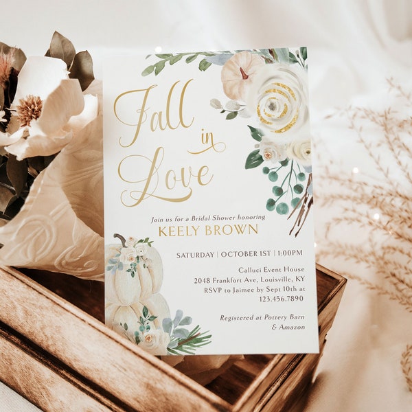 Fall in Love Bridal Shower Invitation Template, Elegant Autumn Bridal Shower Invite, White Pumpkin Invitation, Editable Template