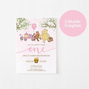 Winnie the Pooh First Birthday Girl Invitation Template, Classic Winnie the Pooh Birthday Party, Editable Template, Piglet