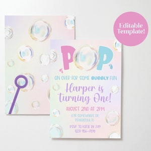 Bubble Birthday Invitation Template, Pop On Over, First Birthday Party Invite, Rainbow Bubbles, Editable Template
