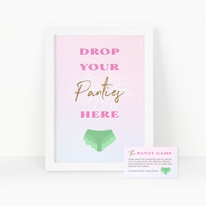 Modello di scheda di inserimento e cartello per addio al nubilato The Panty Drop Game, gioco stampabile per festa di addio al nubilato