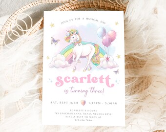 May include: A pink and white unicorn birthday invitation with a rainbow, clouds, and balloons. The text reads "Join us for a magical day. Scarlett is turning three! Sat, Sept 16th 1:30pm - 3:30pm Scarlett's House 765 Unicorn Lane, Reno, Nevada 89501 Kindly RSVP to Macy at 123.456.7890"