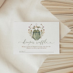 Plantilla de tarjeta de rifa de pañales para ropa de bebé estilo boho, inserto de rifa de pañales para baby shower, baby shower con flores silvestres, Serenity