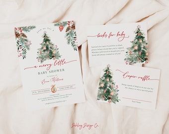 May include: A Christmas-themed baby shower invitation with a watercolor illustration of a decorated Christmas tree. The invitation reads "a merry little baby shower" in honor of "Even Williams" on Sunday, December 3rd at 3:00 PM. The invitation also includes a "books for baby" card and a "diaper raffle" card.