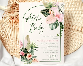 May include: A pink and green tropical themed baby shower invitation with the text "Aloha Baby" and the details of the event: Alyssa Carpenter, Sat, July 15th, 2:00 pm, Andaz San Diego, 600 F St, San Diego, CA 92101, RSVP by July 1st to Kathryn at 123.456.780, registry: babylist.com & amazon.com, Dahling Design Co.