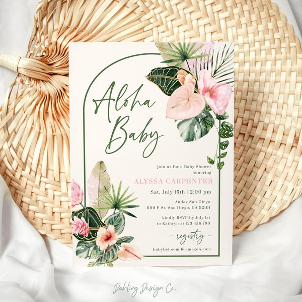 Aloha Baby Shower Invitation, Tropical Baby Shower Invite, Pink and Green, Palm Leaves, Hawaiian, Luau, Baby Sprinkle, Evite, Akela