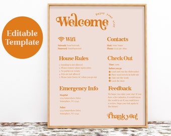 Boho Airbnb Welcome Sign Template, Vacation Rental Printable, Guest Arrival Poster, House Rules, Wifi Info Sheet, VRBO, Editable