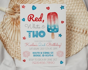 Patriotic 2nd Birthday Invitation, Red White and Two, Bomb Pop (Editable Printable Template) Liberty