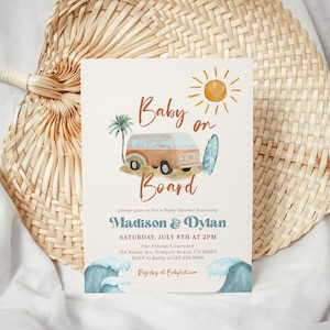 Baby an Bord Babyparty-Einladungsvorlage, Retro Surf-Babyparty einladen, Surfen-Babyparty, Boho Surf, bearbeitbar, KOA