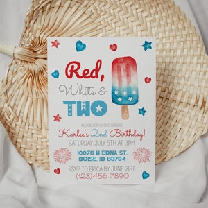 Red White and Two Birthday Invitation, 4th of July Patriotic 2nd Birthday Invite, Bomb Pop, Editable Printable Template, Liberty