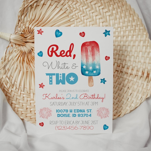 Red White and Two Birthday Invitation, 4th of July Patriotic 2nd Birthday Invite, Bomb Pop, Editable Printable Template, Liberty