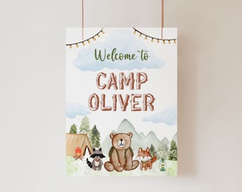 Editable One Happy Camper Welcome Sign Template, 1st Birthday Welcome Poster, Camping Birthday Welcome Sign, Woodland Animals, Editable