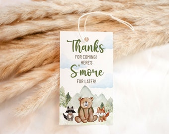 Happy Camper Favor Tag Template: Woodland Animals, S'mores (Digital Download)