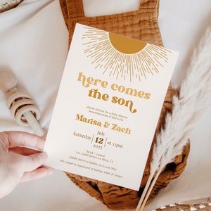 Here Comes the Son Baby Shower Invite Template, Retro Sun Baby Shower Invitation, Boho Sun Invite, Editable Printable, SUNNY