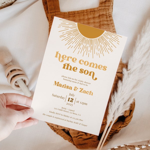 Here Comes the Son Baby Shower Invite Template, Retro Sun Baby Shower Invitation, Boho Sun Invite, Editable Printable, SUNNY