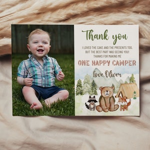 One Happy Camper Thank you Card Photo Template, Woodland Animals Thank you Card, 1st Birthday Thank you Card, Editable, Oliver