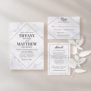 Moderne Marmor-Hochzeitseinladungs-Vorlage, Elegantes Hochzeitseinladungs-Set, Silber-Weiße Hochzeitseinladung, Bearbeitbare Vorlage